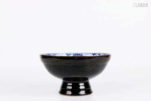 A Chinese Black Glazed Blue and White Porcelain Bowl