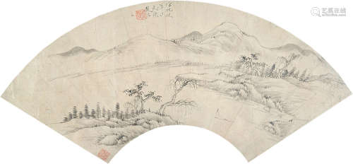 赵左（1573～1644） 仿古山水 扇片（连框） 水墨纸本