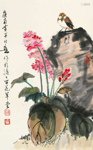 黄幻吾（1906～1985） 雀立高石 立轴 设色纸本