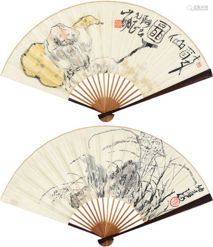 吴山明（b.1941）  卢坤峰（1934～2018） 醉仙图 花鸟 成扇 设色纸本
