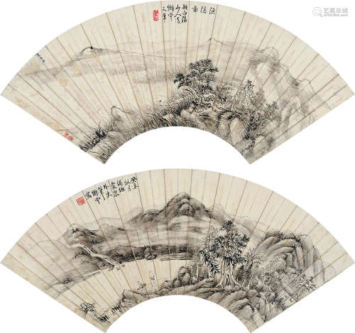 吴云（1811～1883） 拟古山水 （二帧） 扇片 水墨纸本