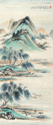 吴青霞（1910～2008） 2005年作 青山钓艇 立轴 设色纸本