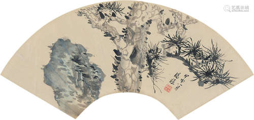 汤涤（1878～1948） 松石图 扇片 设色纸本
