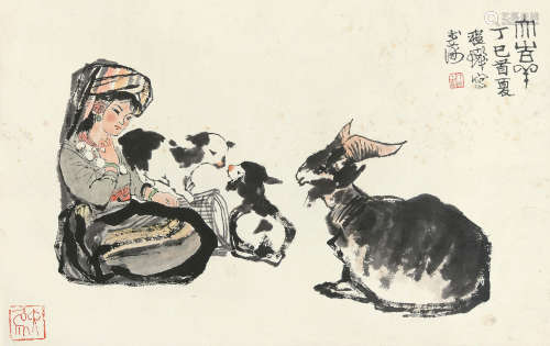 程十发（1921～2007） 1977年作 大吉羊 镜片 设色纸本