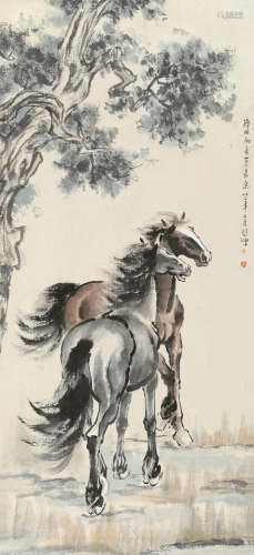 徐悲鸿（1895～1953） 1943年作 树下双骏图 立轴 设色纸本
