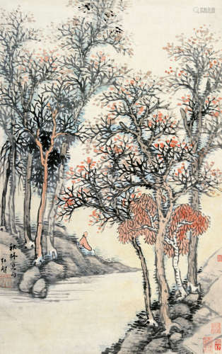 弘智（1611～1671） 秋林觅句 单片 设色纸本