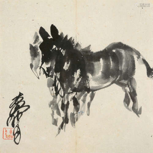 黄胄（1925～1997） 双驴图 镜片连框 水墨纸本