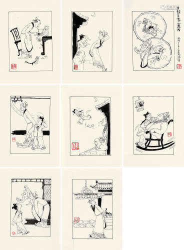 韩伍（b.1936） 插图稿 （八帧） 单片 水墨纸本