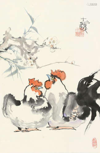 程十发（1921～2007） 梅竹双吉图 立轴 设色纸本