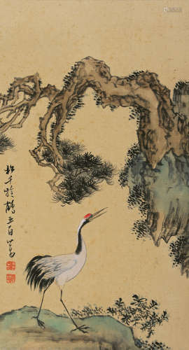 溥儒（1896～1963） 松千龄鹤 镜片 设色绢本