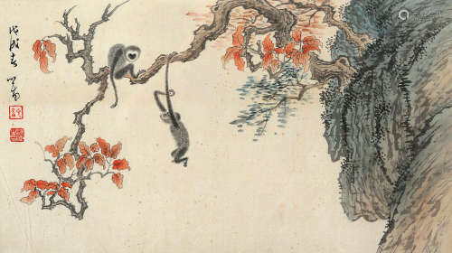 溥儒（1896～1963） 1958年作 双猿图 镜片 设色绢本