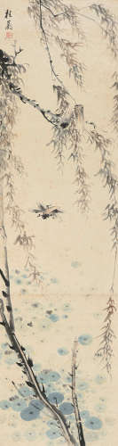 张赐宁（1943～1818） 秋柳鸣蝉 条屏 设色纸本