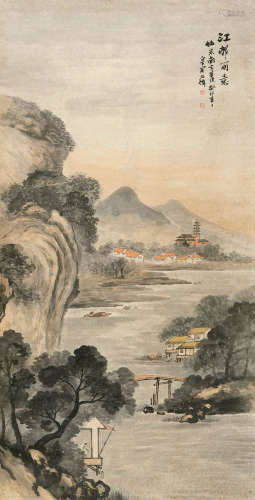 吴石僊（1845～1916） 江村雨意 立轴 设色纸本