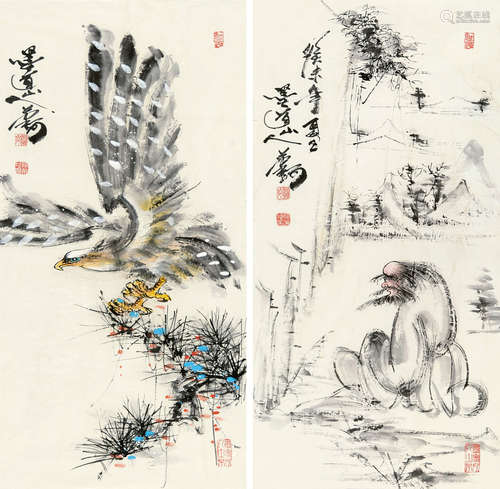 陈荣珂（b.1927） 人物 （两帧） 单片 设色纸本