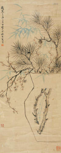 樊浩霖（1885～1962） 1945年作 岁寒三益 立轴 设色纸本