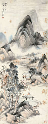 汪琨（1877～1946） 烟雨山邨 镜片 设色纸本