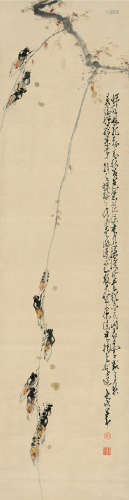 赵少昂（1905～1998） 1982年作 柳枝草虫 立轴 设色纸本