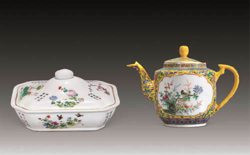 清咸丰、光绪 粉彩花卉盖盒、茶壶 （两件）