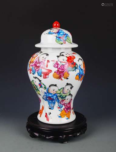 A FAMILLE ROSE BOY PAINTING PORCELAIN JENERAL JAR