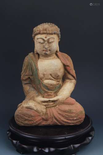 A FINELY COLORED WOODEN PHARMACIST BUDDHA