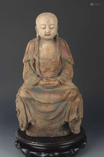 COLORED PAINTED WOODEN DAINICHI BUDDHA FIGURE