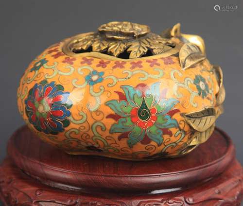 A BRONZE CLOISONNE ENAMEL PEACH SHAPE AROMATHERAPY