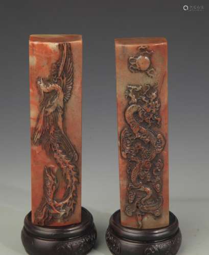 SOAPSTONE DRAGON AND PHOENIX CARVING PAPER WEIGHT