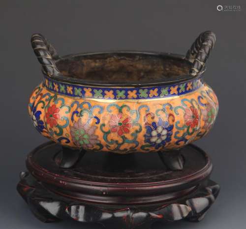 A BRONZE CLOISONNE FLOWER CARVING CENSER