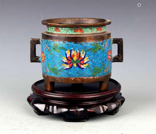 FINELY MADE CLOISONNE ENAMEL DOUBLE EAR BRONZE CENSER