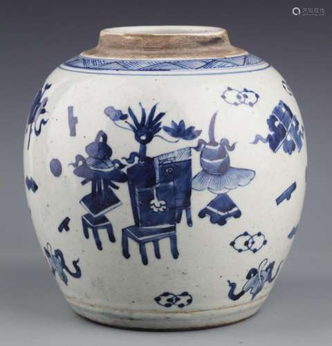 A PAINTED BLUE AN WHITE PORCELAIN JAR