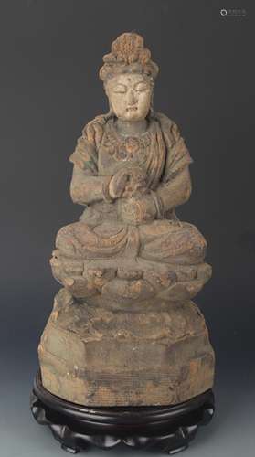 A FINELY COLORED WOODEN MANJUSRI BUDDHA FIGURE