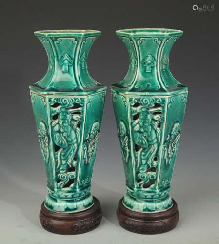PAIR OF HALLOW MADE GREEN GROUND GUAN YIN STYLE VASE
