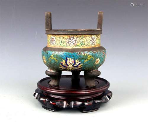 A DOUBLE EAR ENAMEL BRONZE CENSER