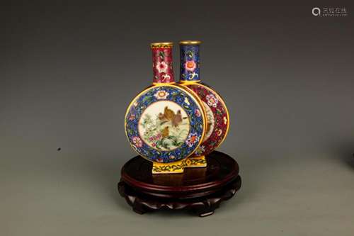 PAIR OF CLOISONNE COLOR PORCELAIN MOON VASE