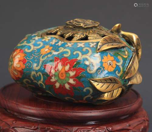 A BRONZE CLOISONNE PEACH FIGURE AROMATHERAPY