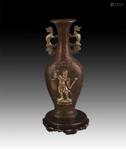 A CHARACTER PATTERN DOUBLE DRAGON BRONZE VASE