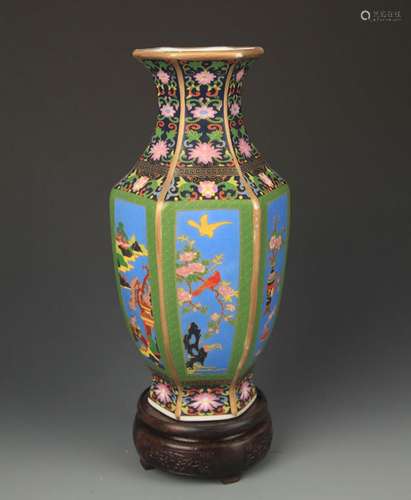 A ENAMEL COLOR FLOWER AND BIRD PAINTED SIX SIDED VASE