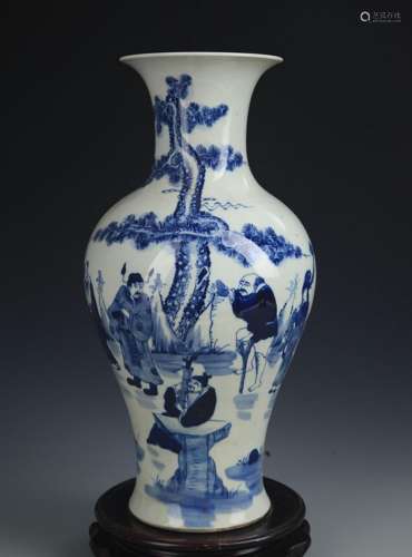 A BLUE AND WHITE STORY PAINTED GUAN YIN VASE