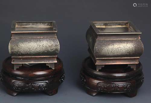 PAIR OF SQUARE SHAPE WHITE BRONZE CENSER