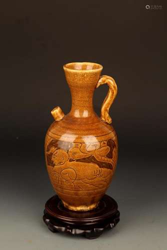 A BROWN COLOR GROUND BOY CARVING PORCELAIN JAR