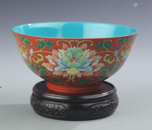 RED CORAL GLAZED FLOWER PATTERN BOWL