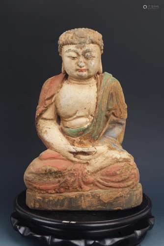 A FINELY PAINTED WOODEN BUDDHA FIGURE