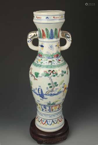 DOU CAI CHARACTER PAINTED ELEPHANT EAR PORCELAIN VASE