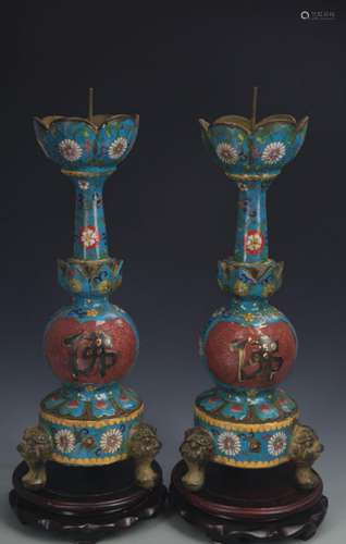 PAIR OF CLOISONNE ENAMEL BUDDHA CANDLE STICK