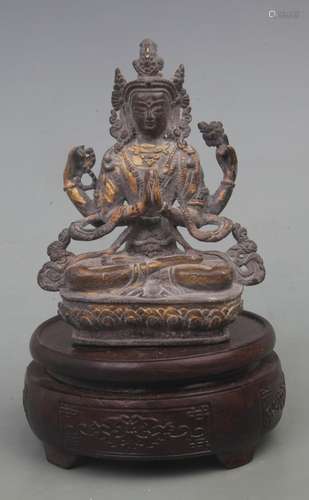 A FINE TIBETAN GILT BRONZE FOUR ARM GUAN YIN STATUE