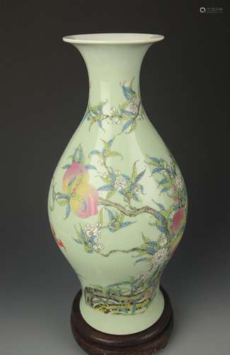 BEEN GREEN GLAZE FAMILLE ROSE OLIVE SHAPE VASE