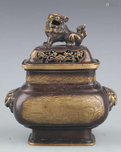 A DOUBLE LION EAR SPRINKLE GOLD BRONZE CENSER