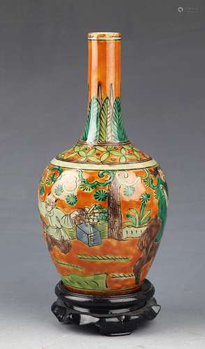 A COLORFUL PAINTED LONGNECK PORCELAIN BOTTLE