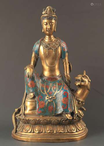 A LARGE BRONZE CLOISONNE LINGJI BODHISATTVA STATUE