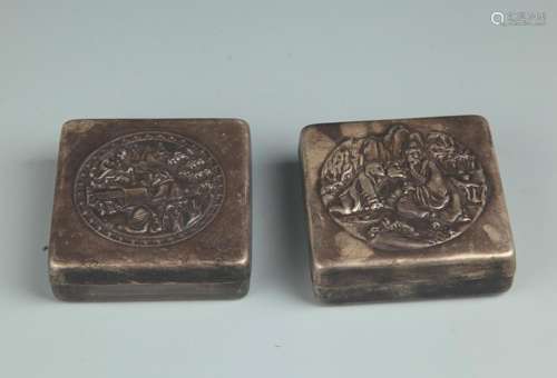 PAIR OF FINELY CARVED BRONZE INK BOX